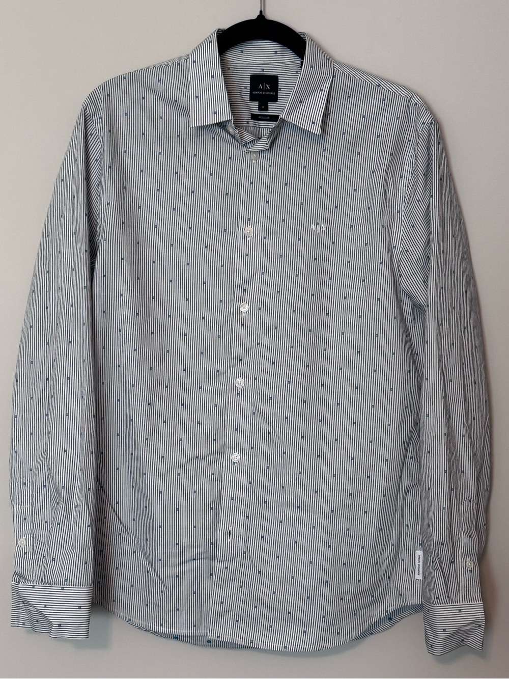 Armani Exchange Men’s Small Gray Stripe Blue Dot Button Down Shirt